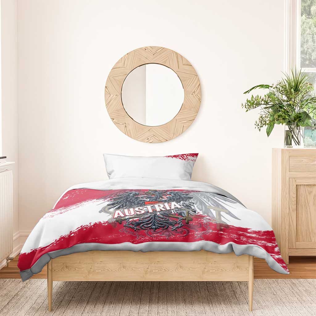 Red and white Austria-themed duvet cover set with eagle crest and two pillowcases