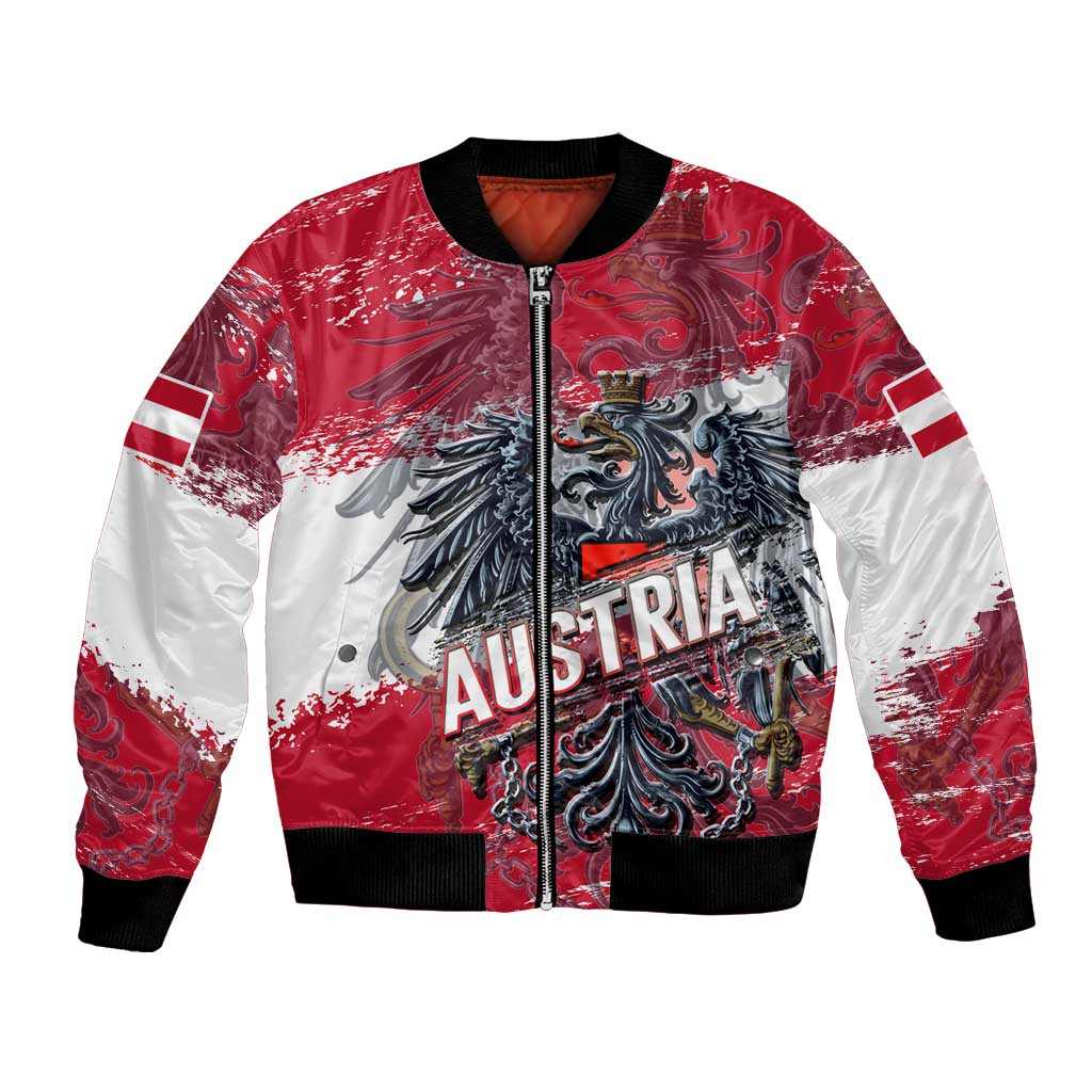 Red and white bomber jacket with front zipper, Austria crest graphic, black rib trim.