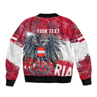 Red and white bomber jacket back with YOUR TEXT, Austria crest and striped sleeve panels.