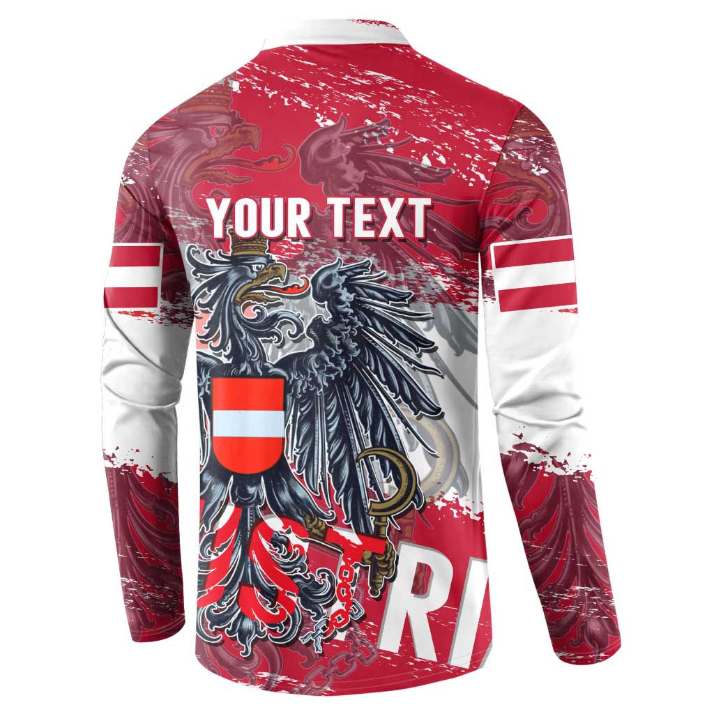 Red button sweatshirt with standing collar, custom text panel and eagle crest on back