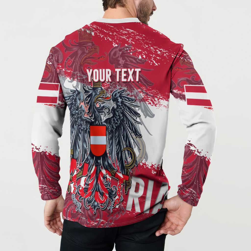 Red button sweatshirt back with custom text panel and eagle crest design