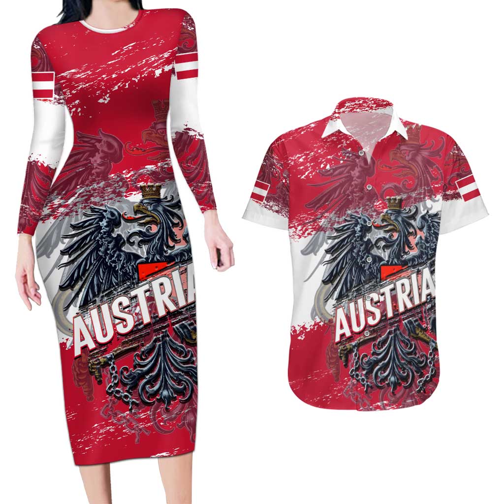 Personalized Coat Of Arms Austria Couples Matching Long Sleeve Bodycon Dress and Hawaiian Shirt Grunge Style - Wonder Print Shop