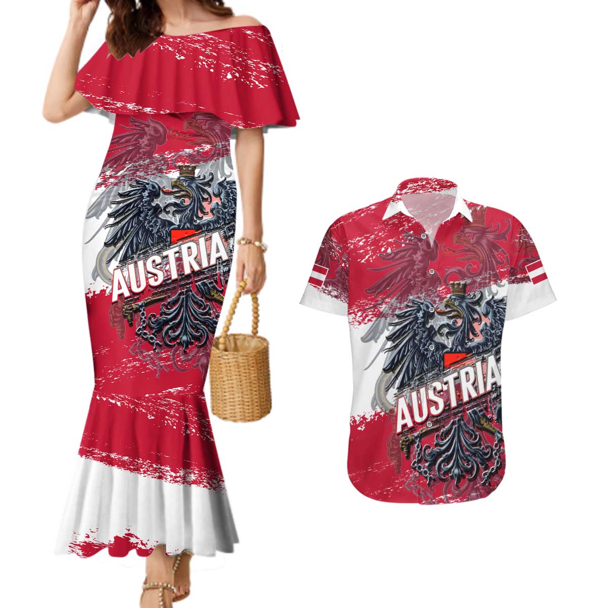 Personalized Coat Of Arms Austria Couples Matching Mermaid Dress and Hawaiian Shirt Grunge Style - Wonder Print Shop