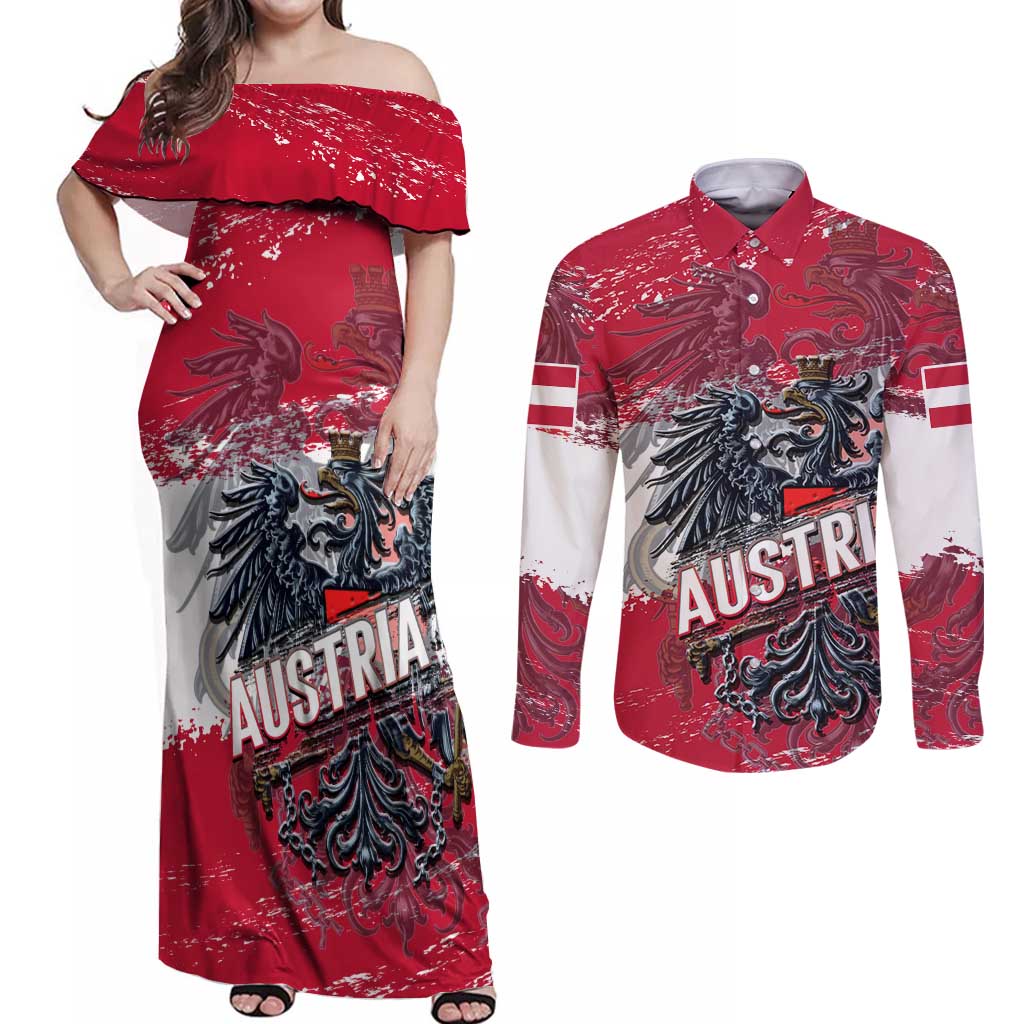 Personalized Coat Of Arms Austria Couples Matching Off Shoulder Maxi Dress and Long Sleeve Button Shirt Grunge Style - Wonder Print Shop