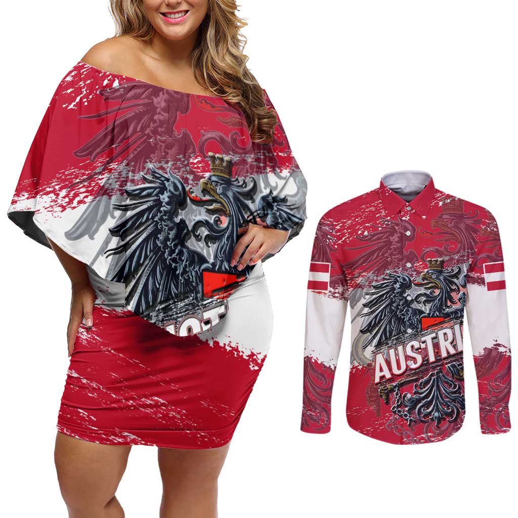 Personalized Coat Of Arms Austria Couples Matching Off Shoulder Short Dress and Long Sleeve Button Shirt Grunge Style - Wonder Print Shop