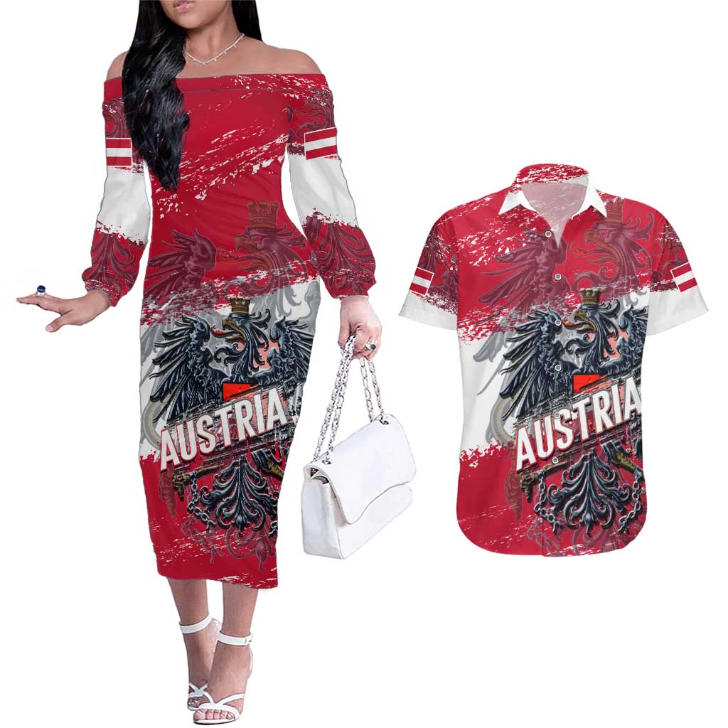 Personalized Coat Of Arms Austria Couples Matching Off The Shoulder Long Sleeve Dress and Hawaiian Shirt Grunge Style - Wonder Print Shop