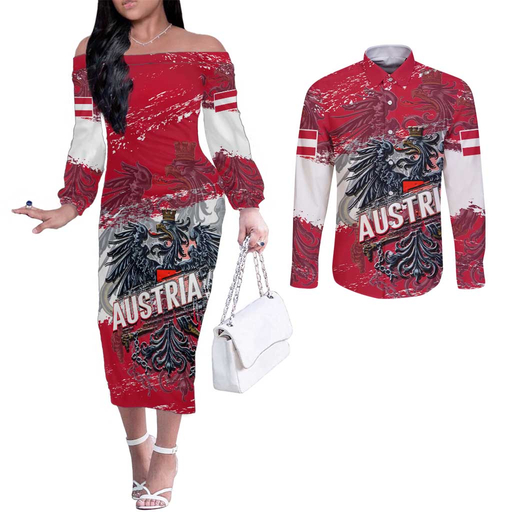 Personalized Coat Of Arms Austria Couples Matching Off The Shoulder Long Sleeve Dress and Long Sleeve Button Shirt Grunge Style