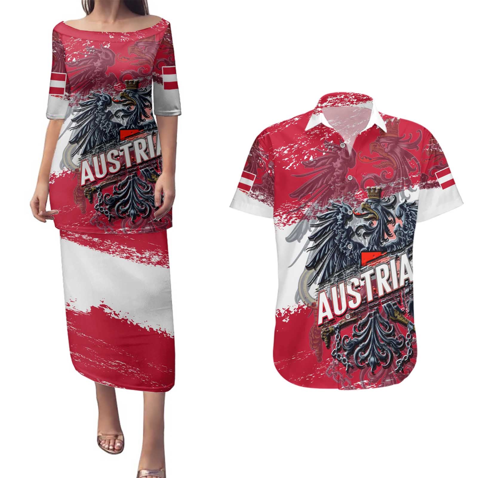 Personalized Coat Of Arms Austria Couples Matching Puletasi and Hawaiian Shirt Grunge Style - Wonder Print Shop