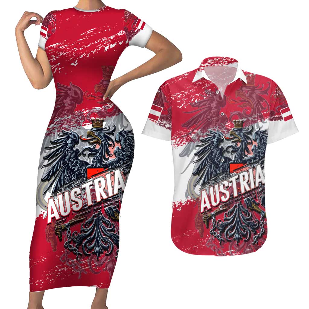 Personalized Coat Of Arms Austria Couples Matching Short Sleeve Bodycon Dress and Hawaiian Shirt Grunge Style - Wonder Print Shop