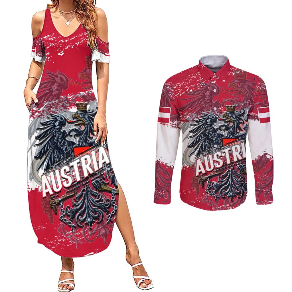 Personalized Coat Of Arms Austria Couples Matching Summer Maxi Dress and Long Sleeve Button Shirt Grunge Style - Wonder Print Shop