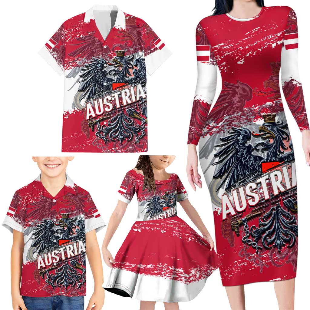 Personalized Coat Of Arms Austria Family Matching Long Sleeve Bodycon Dress and Hawaiian Shirt Grunge Style - Wonder Print Shop