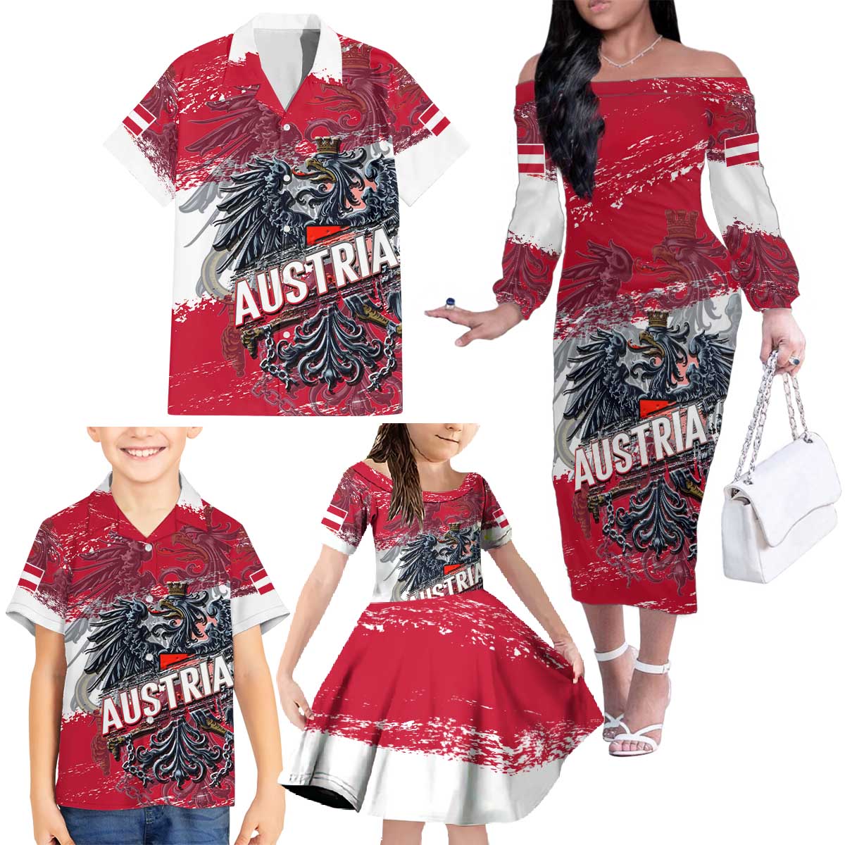 Personalized Coat Of Arms Austria Family Matching Off The Shoulder Long Sleeve Dress and Hawaiian Shirt Grunge Style - Wonder Print Shop