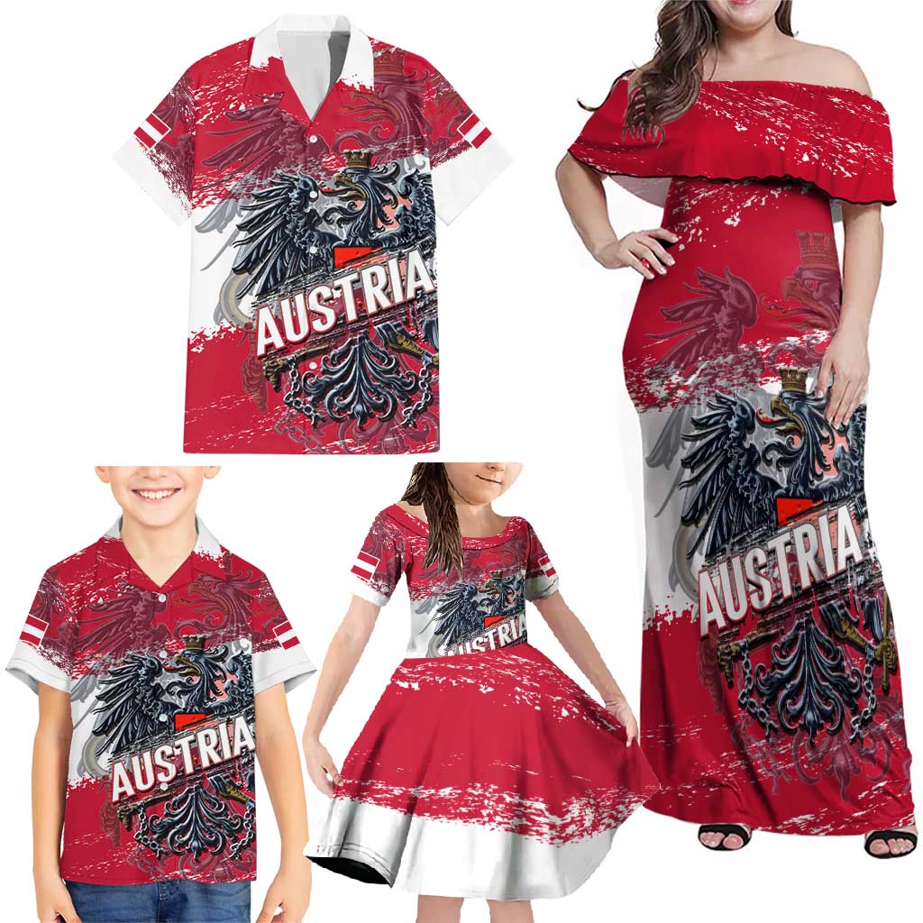 Personalized Coat Of Arms Austria Family Matching Off Shoulder Maxi Dress and Hawaiian Shirt Grunge Style - Wonder Print Shop