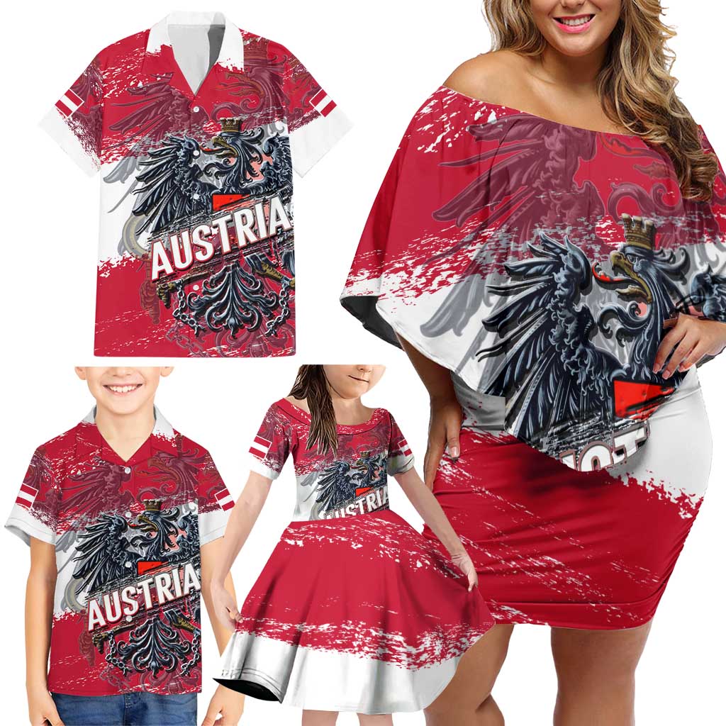 Personalized Coat Of Arms Austria Family Matching Off Shoulder Short Dress and Hawaiian Shirt Grunge Style - Wonder Print Shop