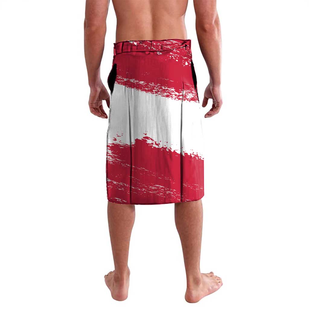 Red and white grunge style shorts with printed panels and speckled pattern