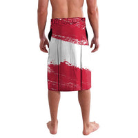 Red and white grunge style shorts with printed panels and speckled pattern