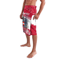 Personalized grunge style shorts in red and white with coat of arms graphic and Your Text