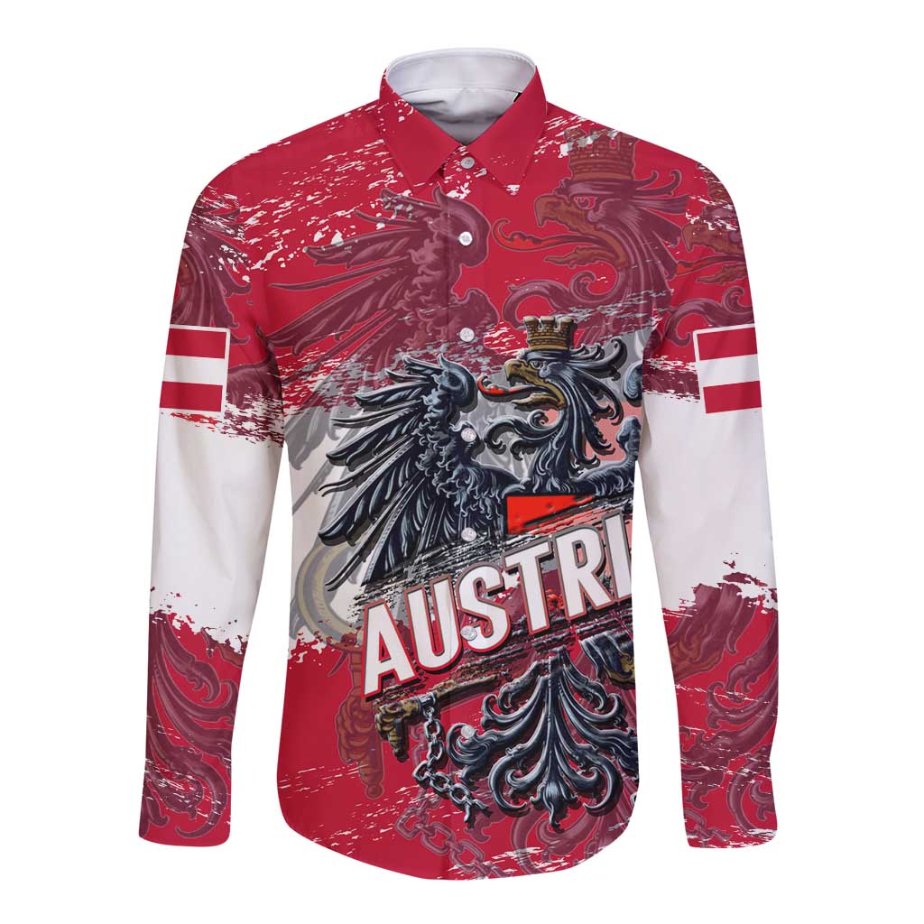 Red long-sleeve button shirt with Austrian eagle crest on front and 'AUSTRI' graphic