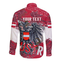 Red long-sleeve button shirt with Austrian eagle crest on back and white sleeve stripe details