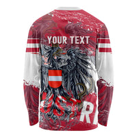 Red long-sleeve shirt with 'YOUR TEXT' back, eagle crest, and Austria flag shield