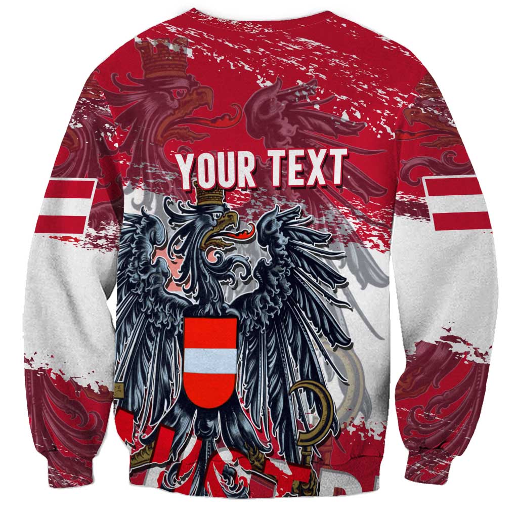 Unisex red Austria grunge sweatshirt back with eagle crest, YOUR TEXT label, white stripe sleeves