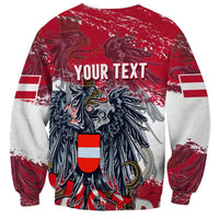 Unisex red Austria grunge sweatshirt back with eagle crest, YOUR TEXT label, white stripe sleeves