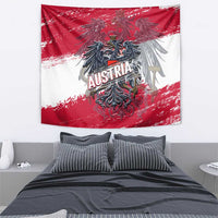 Red and white wall hanging tapestry featuring Austria crest emblem with wings and grunge effect