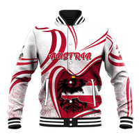 Red and white baseball jacket with black collar, Austria map and flag graphic, front