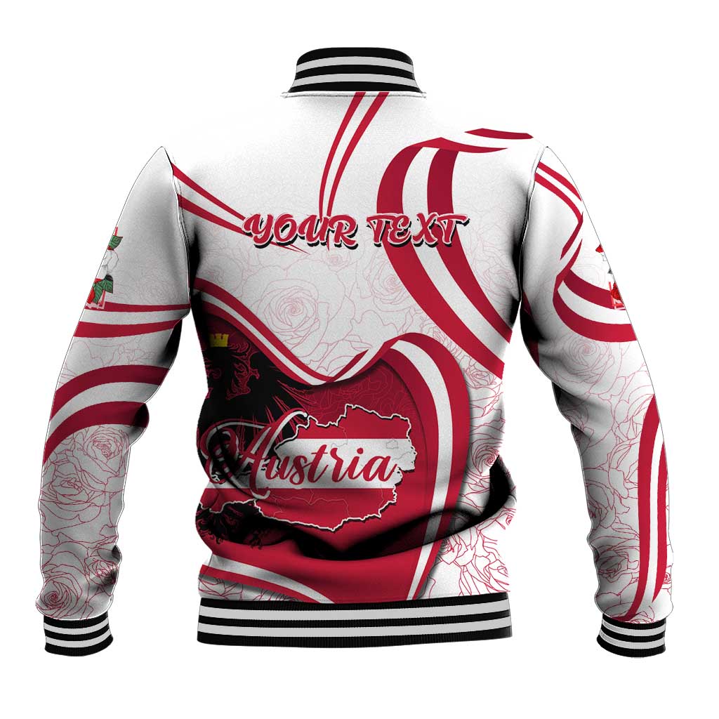 Red and white baseball jacket with striped collar, Austria map and flag graphic, back