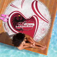 Austria-themed circular beach blanket, red heart map and red-white pattern, fringe edge