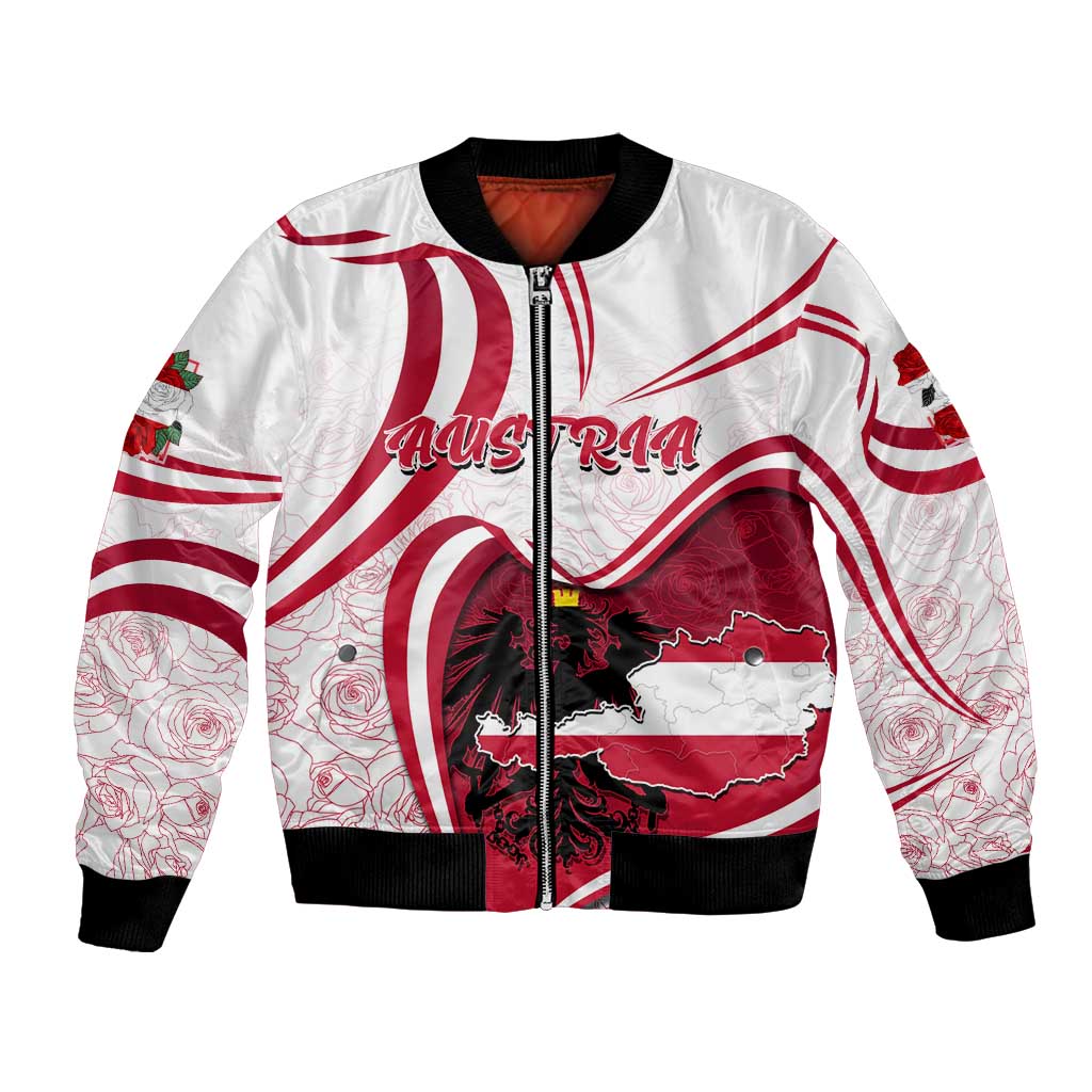 Red and white bomber jacket with full-zip front, Austrian map and flag graphic