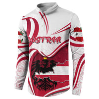 White button sweatshirt with Austria map, red/black lion graphic, long sleeves.