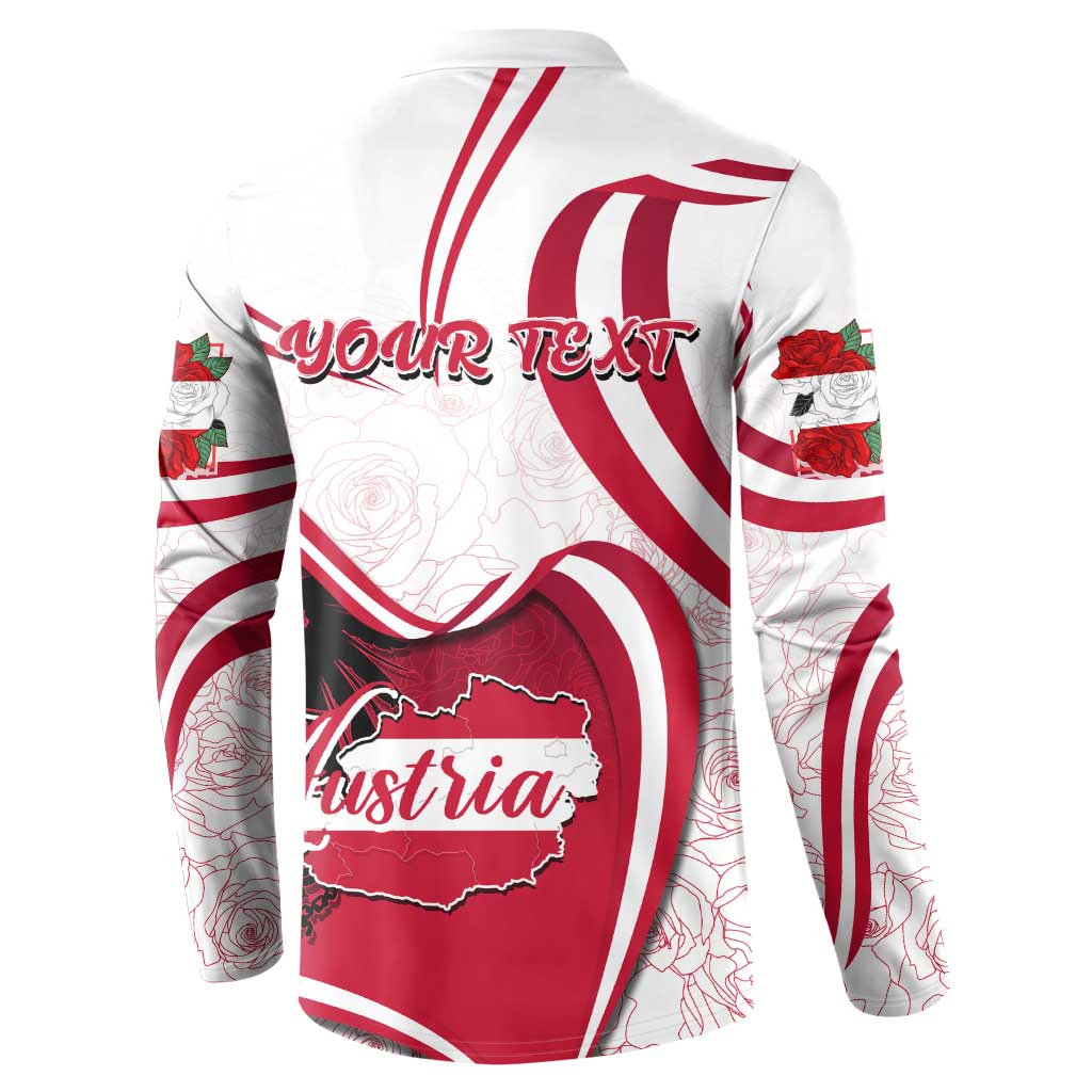 White button sweatshirt, back print with Austria map and red/black design, long sleeves.