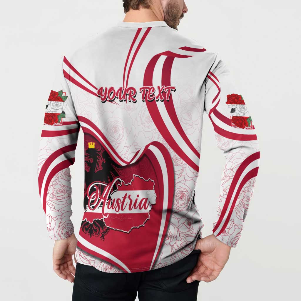 White button sweatshirt on model, back shows Austria script and red/black lion map graphic.