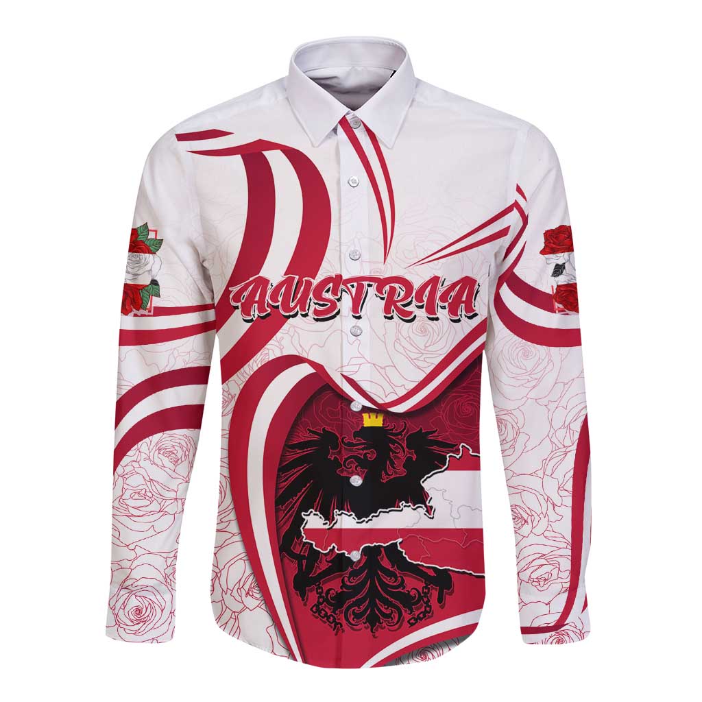 Red and white long-sleeve button shirt with Austria map and heart graphic