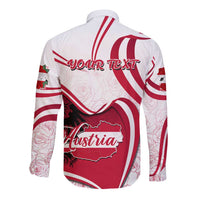 White long-sleeve button shirt with red Austria map heart graphic on back