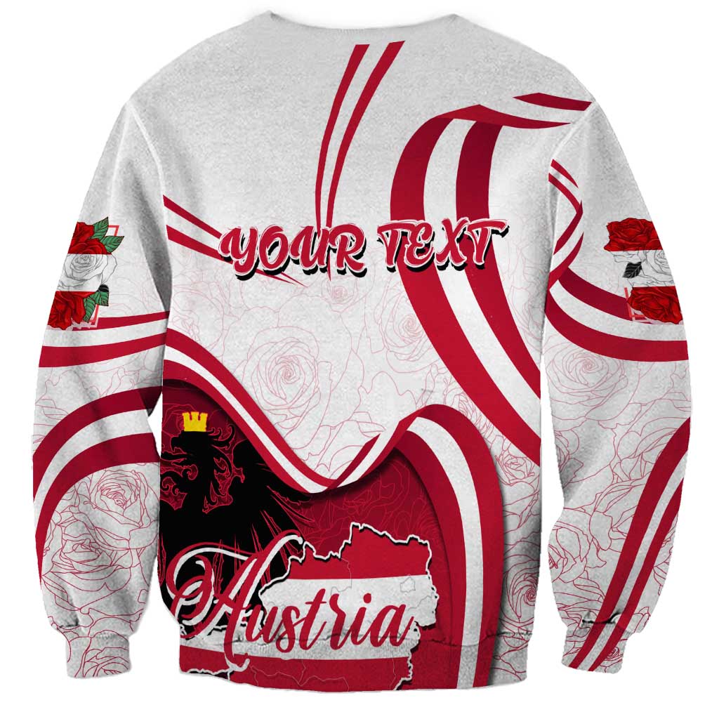Gray unisex sweatshirt back with "your text", "Austria" patch, and red-white wave stripes