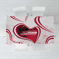 Red and white tablecloth with Austria heart crest and flowing rose pattern