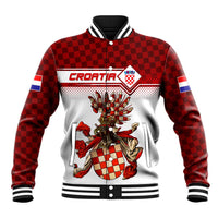Red checkered baseball jacket with CROATIA crest, white print, striped collar and cuffs