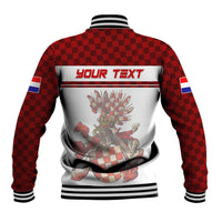 Red checkered baseball jacket with white graphic panel, striped collar, button front