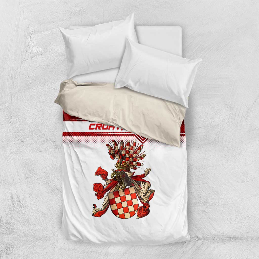 White duvet set with red check stripe and Croatian coat-of-arms crest, two pillowcases
