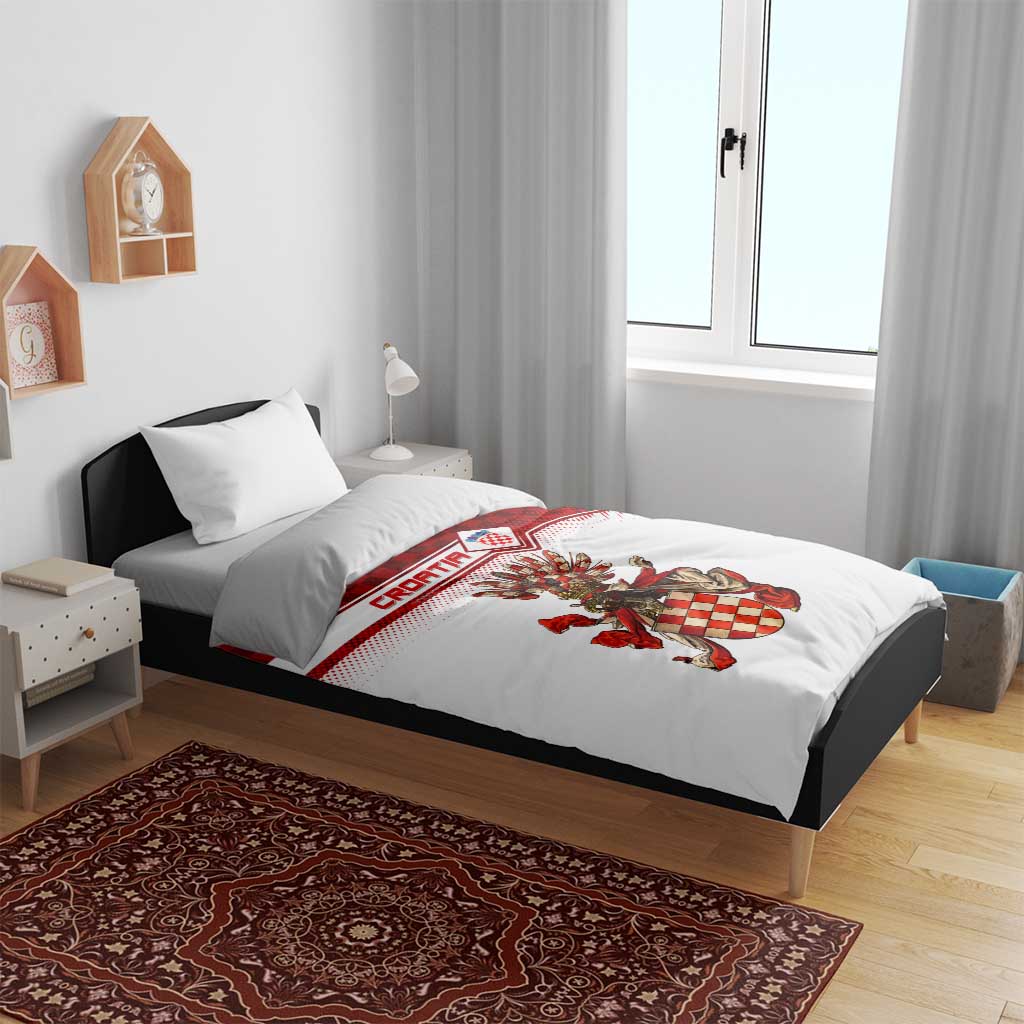 White and red Croatian crest duvet set on bed with two pillowcases