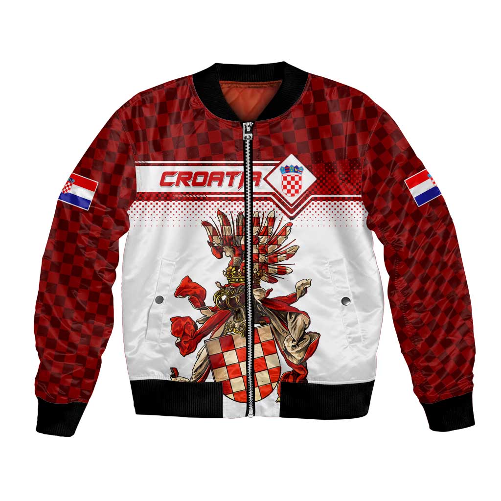 Red checkered bomber jacket with Croatia-style crest, zip front, sleeve flag patch