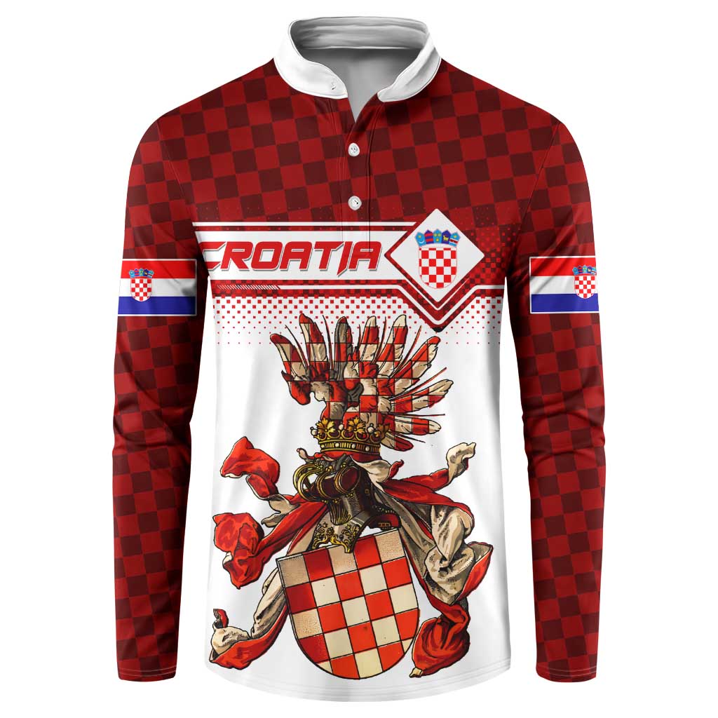 Red checkered henley sweatshirt with white front, CROATIA wordmark and coat of arms