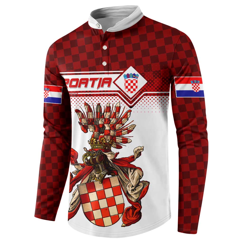 Red checkered henley sweatshirt with white center print of coat of arms and CROATIA logo