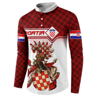 Red checkered henley sweatshirt with white center print of coat of arms and CROATIA logo