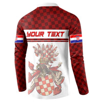 Red checkered sweatshirt with white back panel, 'YOUR TEXT' stripe and coat of arms