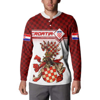 Red checkered henley sweatshirt with white front print of Croatian coat of arms