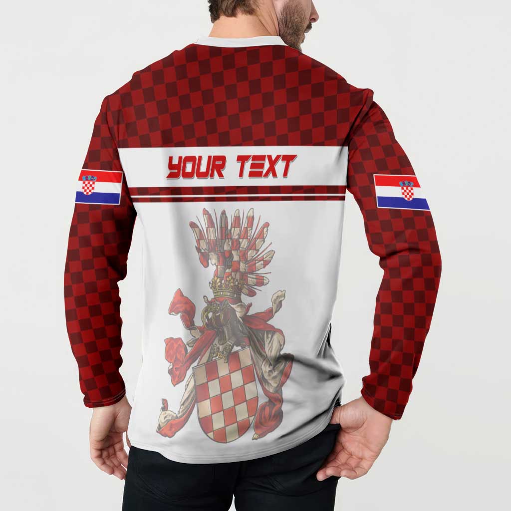 Red checkered sweatshirt with white back panel, 'YOUR TEXT' stripe and crest graphic