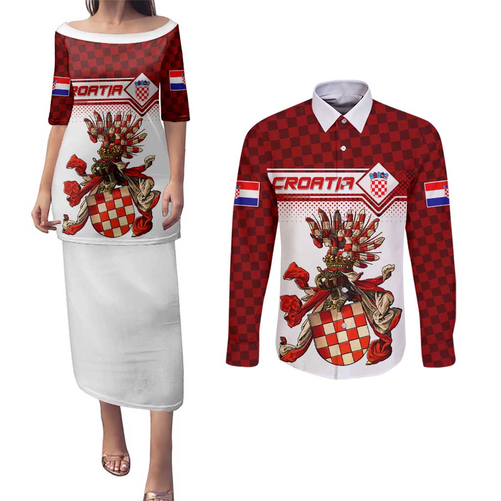 Personalized Croatia Couples Matching Puletasi and Long Sleeve Button Shirt Vintage Coat Of Arms